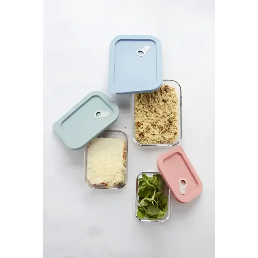 Bouteille rectangulaire en verre avec couvercle en silicone bleu clair 1L