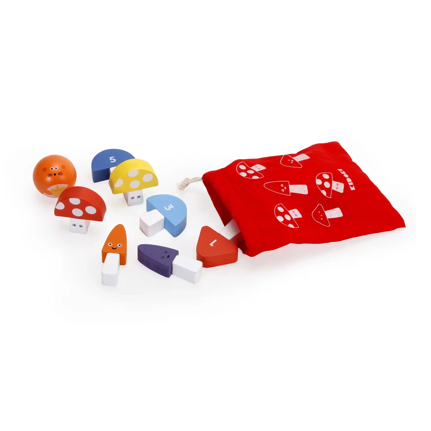 Mini bowling Champignions Kidoki avec blocs champignons colorés et sac rouge