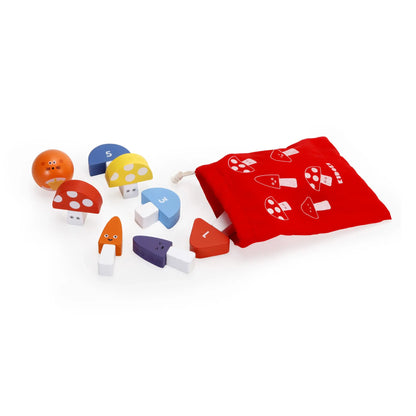 Mini bowling Champignions Kidoki avec blocs champignons colorés et sac rouge