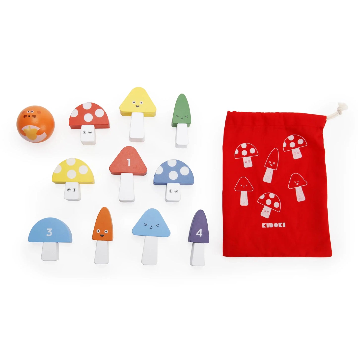Jeu d’adresse mini bowling Champignions Kidoki avec champignons colorés en bois