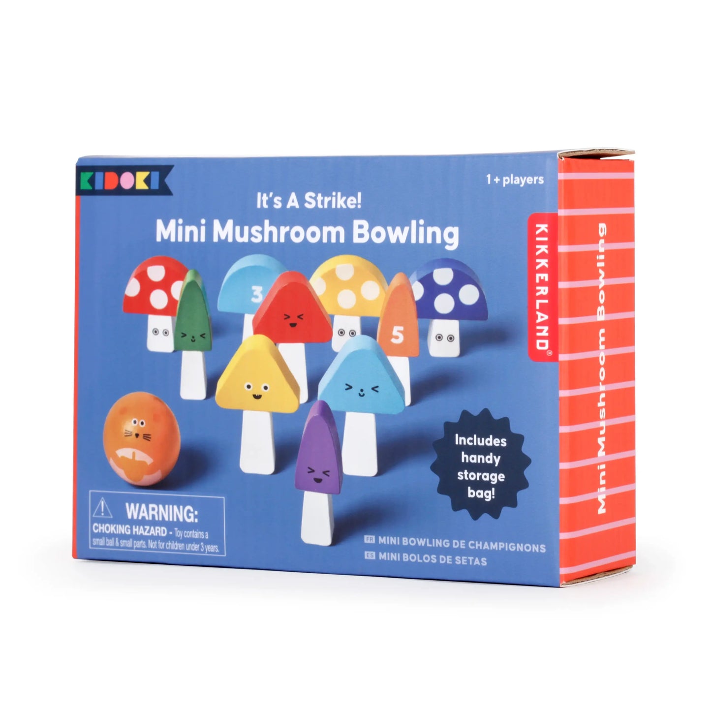 Jeu d’adresse mini bowling champignons Kikkerland en boîte bleue