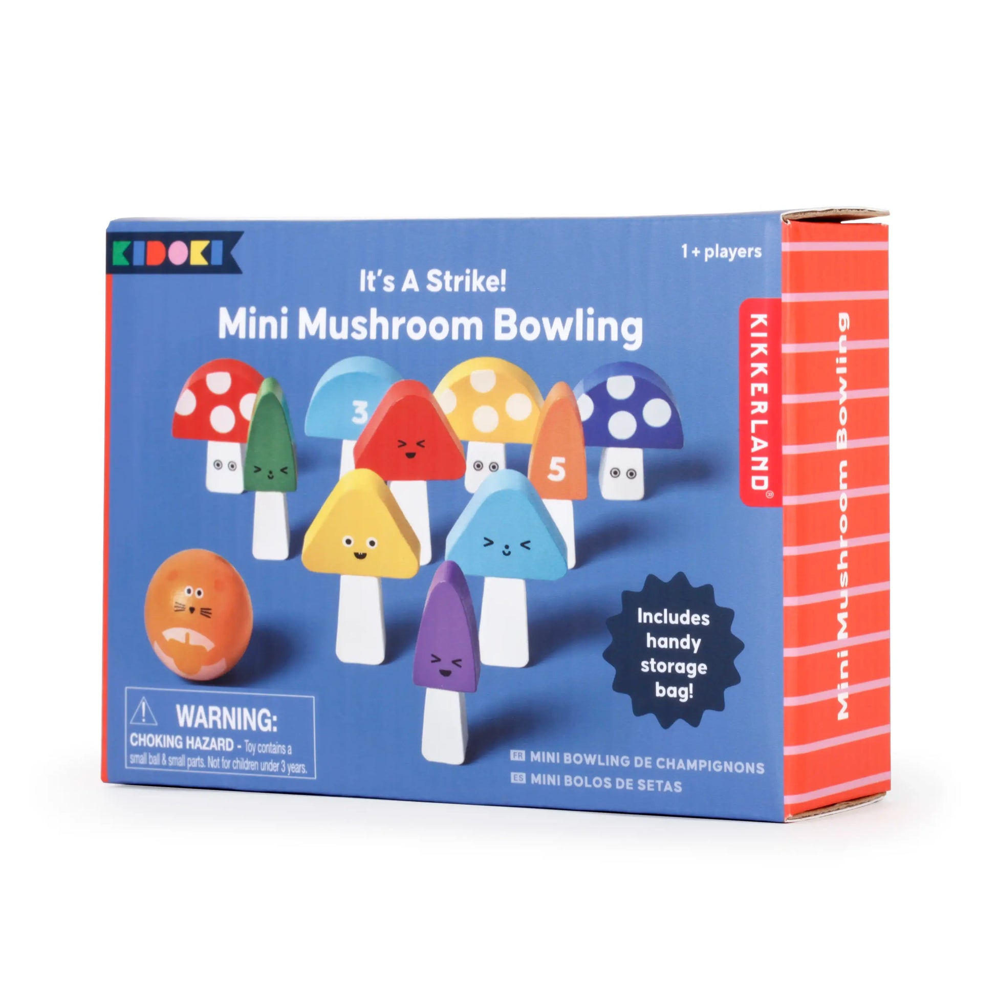 Jeu d’adresse mini bowling champignons Kikkerland en boîte bleue