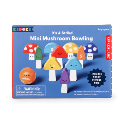 Mini bowling champignons colorés en bois souriants dans boîte bleue Kikkerland