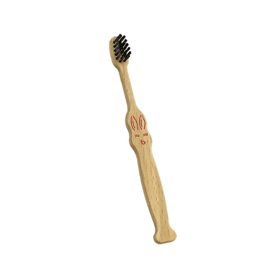 Brosse à dents enfant en hêtre rouge avec face de lapin et poils noirs