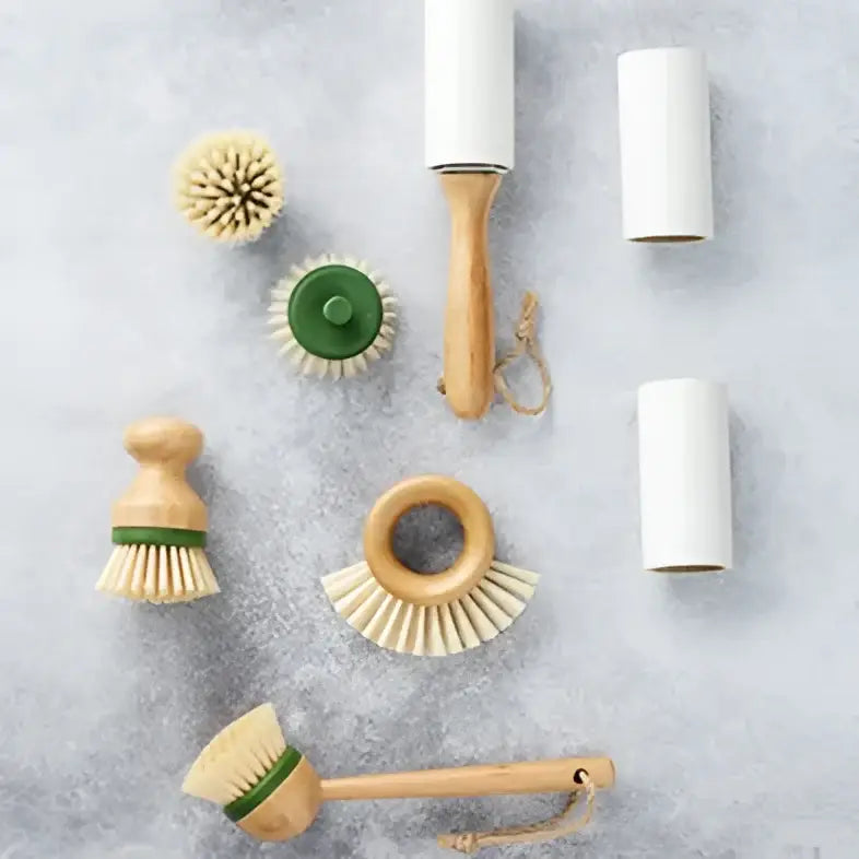 Brosse abrasive en bambou durable avec poignée circulaire et brosses de nettoyage vertes