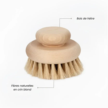 Brosse corps en bois de hêtre ronde aux soies de crin blond pour cellules mortes et peau lisse