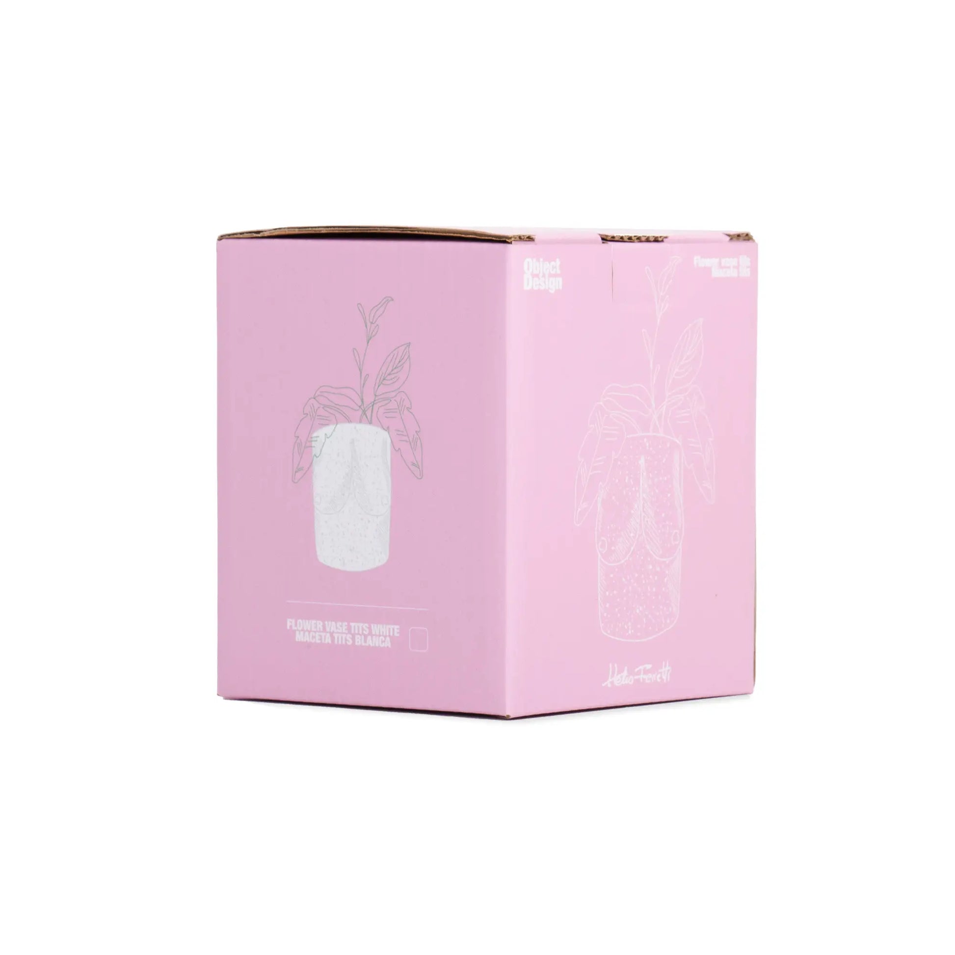 Cache pot boobs rose en carton rose avec vase céramique blanc et motifs floraux
