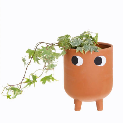 Cache pot Leggy : terracotta avec yeux googly, trois jambes et lierre vert