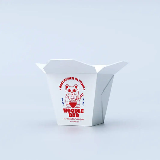 White paper take-out box for noodles or ramen, parfait comme cache pot ramen, design ludique