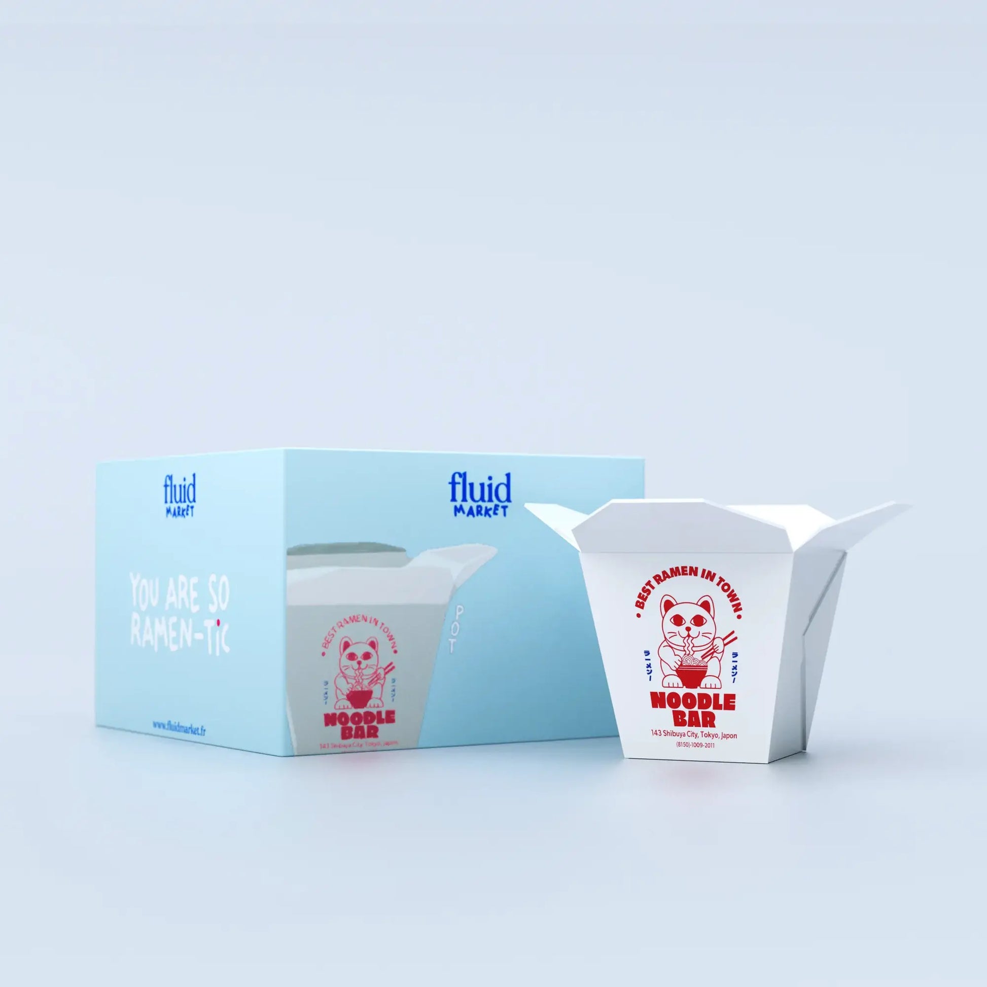 Cache pot ramen design ludique : boîte bleu clair avec gobelet transparent et couvercle blanc, contenant rectangulaire blanc à motifs rouges pour décoration intérieure
