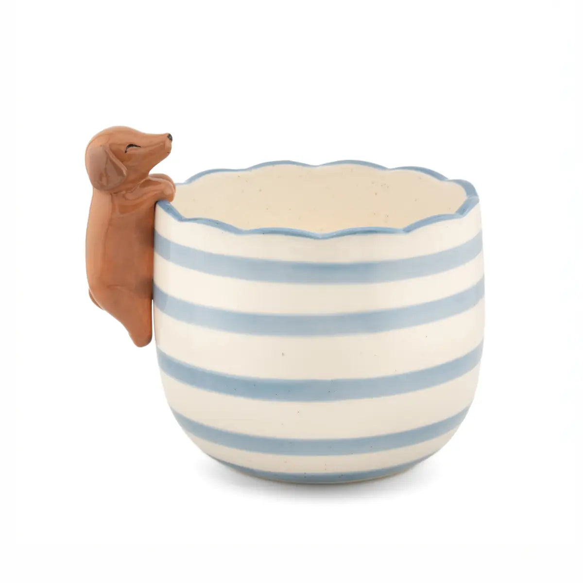 Cache-pot teckel en céramique, mug rayé bleu-crème avec teckel brun comme poignée malicieuse