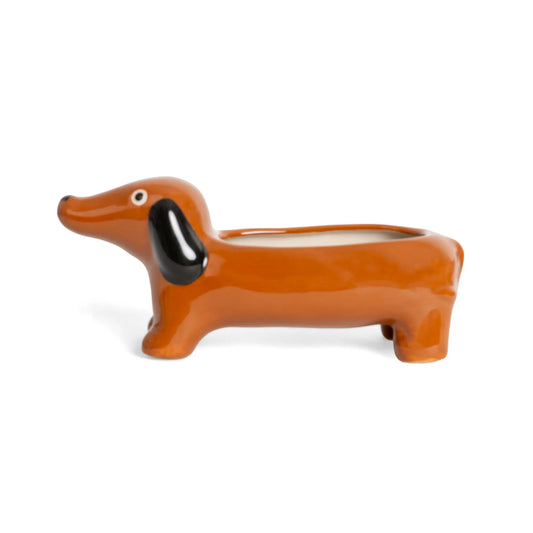 Cache pot teckel marron chaleureuse, forme dachshund céramique orange glossy