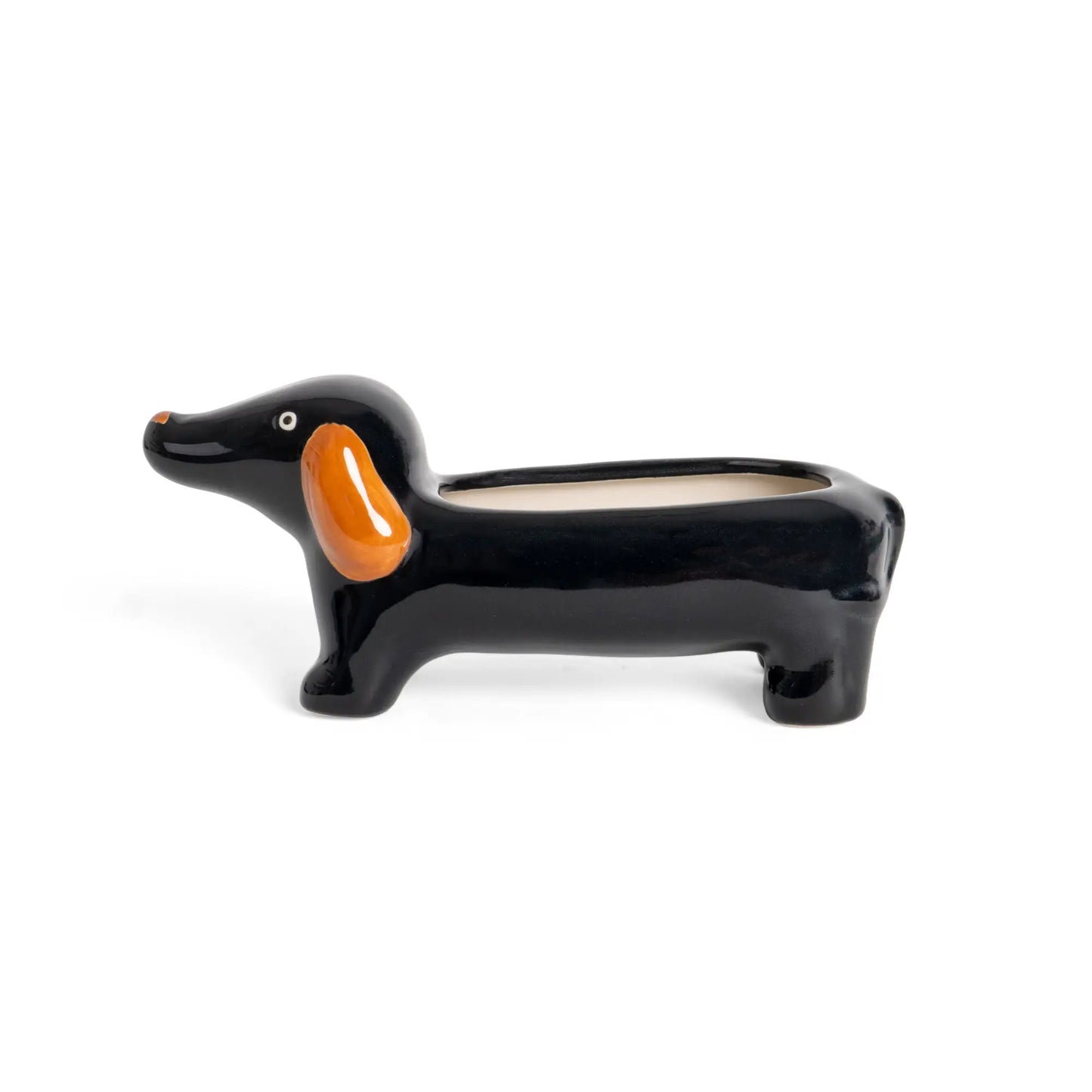 Cache pot teckel noir en céramique brillante avec oreilles orange