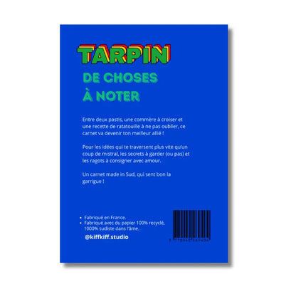 Carnet Tarpin de choses à noter, vibrant bleu, titre bold, finition soft touch