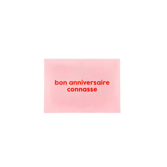 Carte d’anniversaire rose avec anniversaire connasse en rouge, touche d’irrévérence