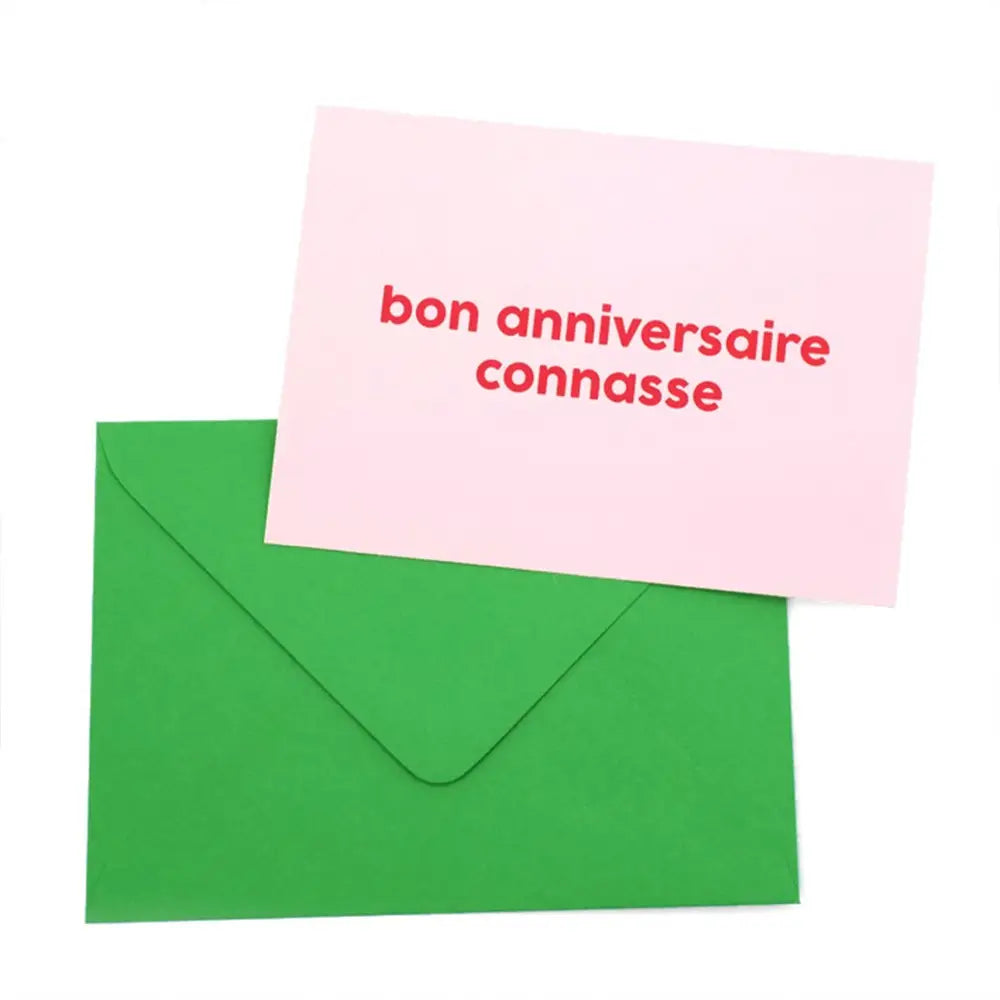 Carte d’anniversaire connasse rose avec texte rouge irrévérencieux