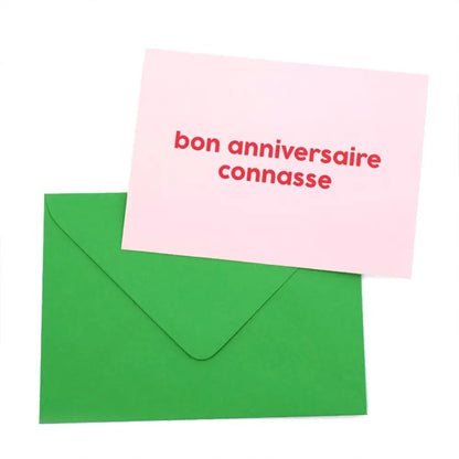 Carte d’anniversaire connasse rose avec texte rouge irrévérencieux