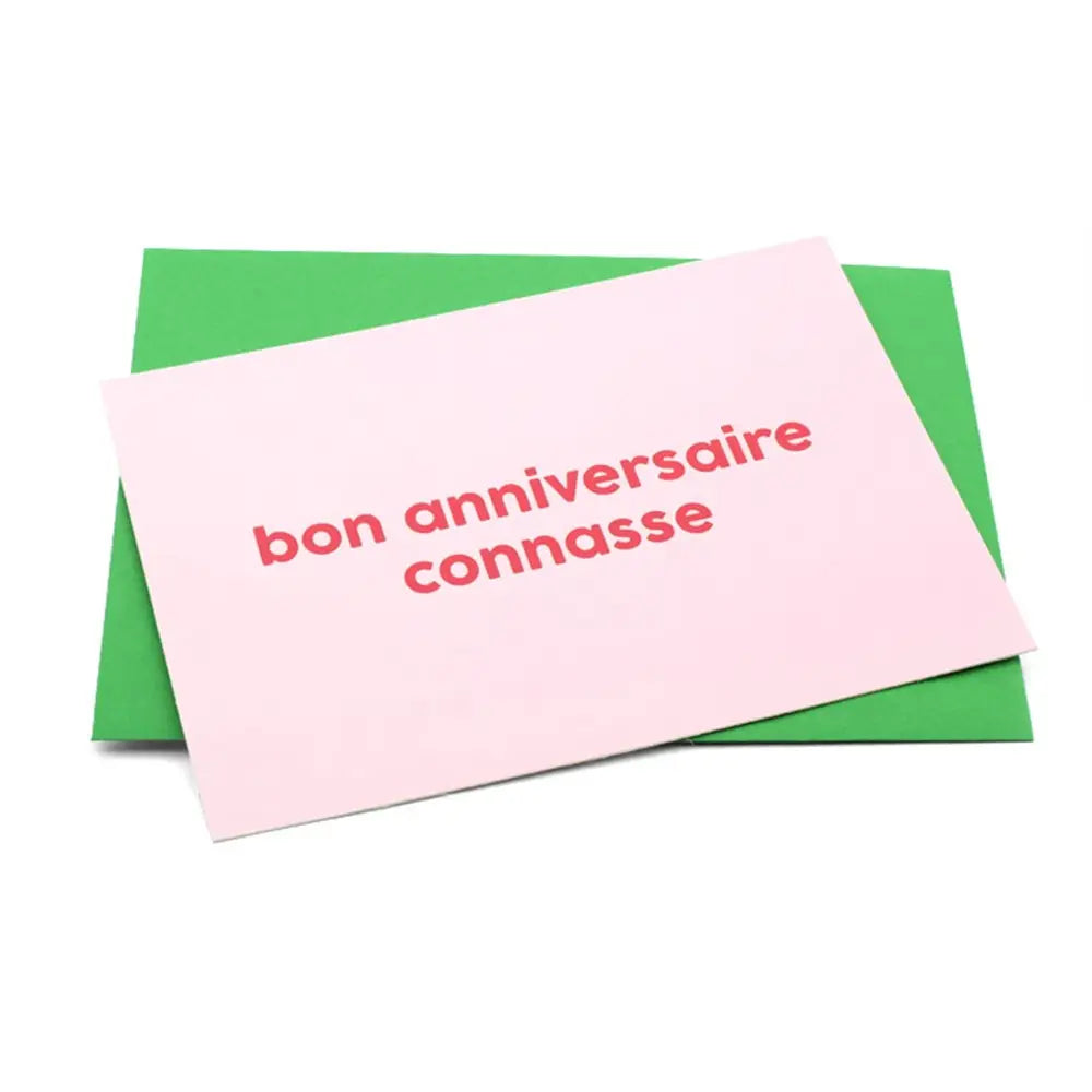 Carte d’anniversaire connasse rose avec texte rouge, touche d’irrévérence