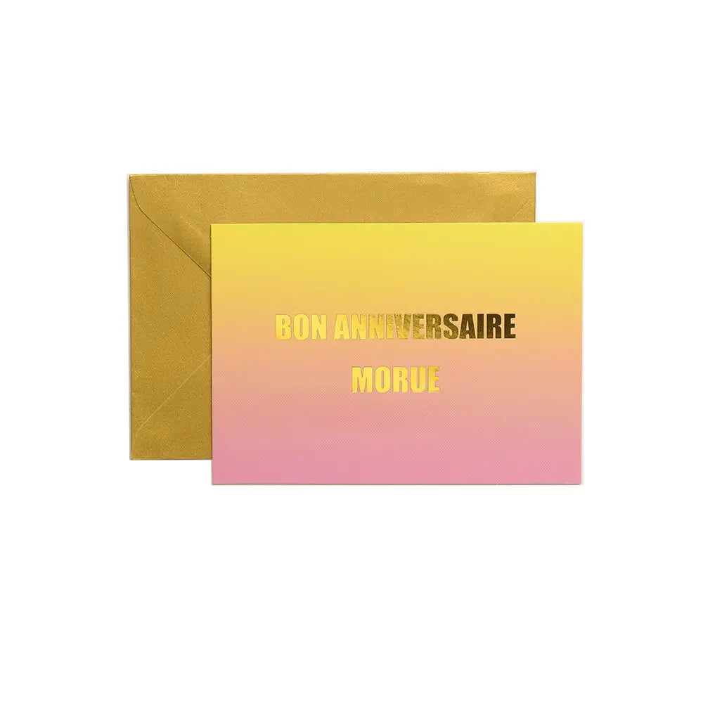 Carte d’anniversaire morue drôle avec gradient jaune-rose et touche d’élégance