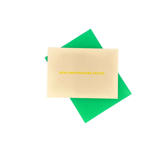 Carte d’anniversaire Patate Fun crème avec enveloppe verte et touche d’humour