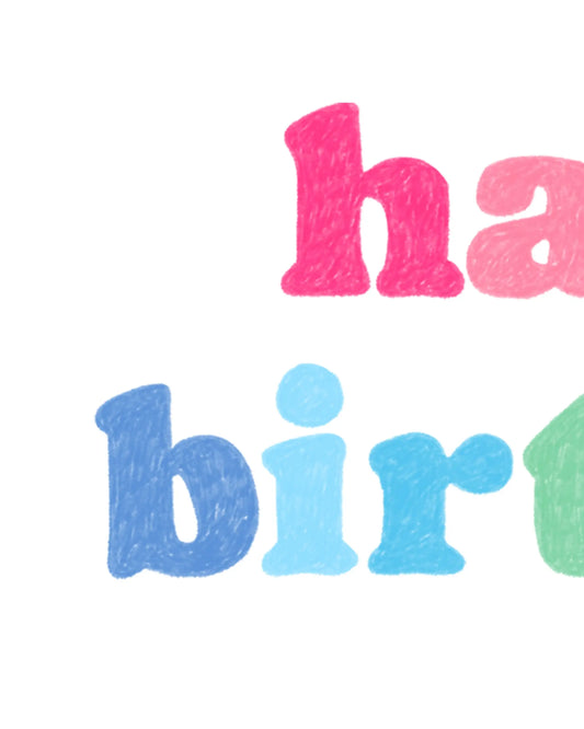 Carte d’anniversaire élégante avec lettres crayons rose et bleu Happy Birthday