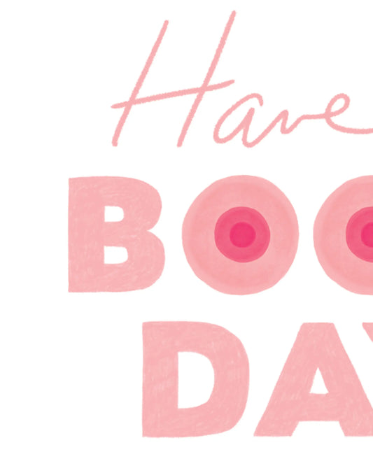 Carte Boob Day : graphisme rose clair avec O en forme de seins, qualité premium et design impertinent