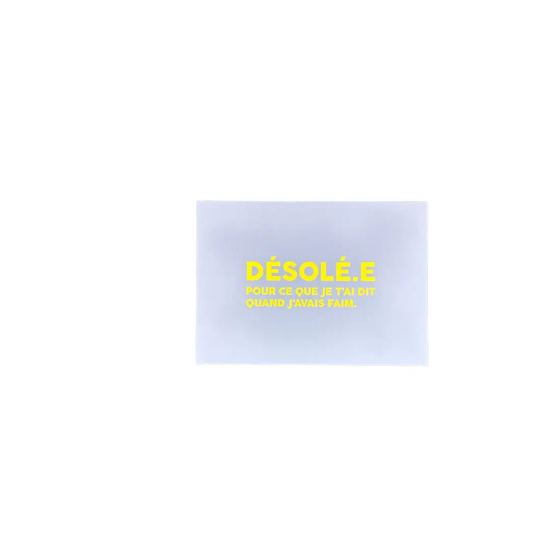 Carte bleue format pratique avec texte jaune désolé pour ce que jai dit quand jétais saoul, design épuré et typographie efficace