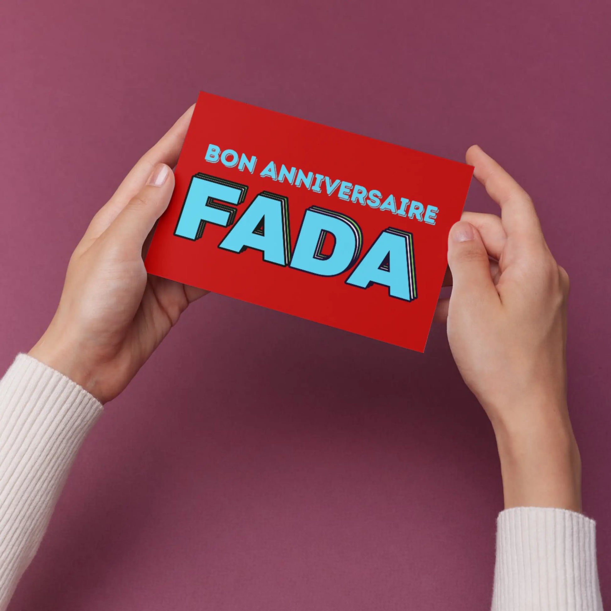 Carte postale bon anniversaire FADA en rouge vibrant avec lettres bleues 3D