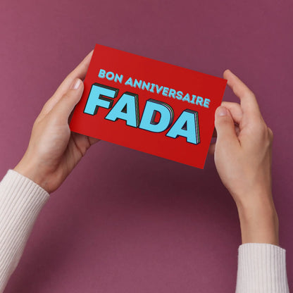 Carte postale bon anniversaire FADA en rouge vibrant avec lettres bleues 3D