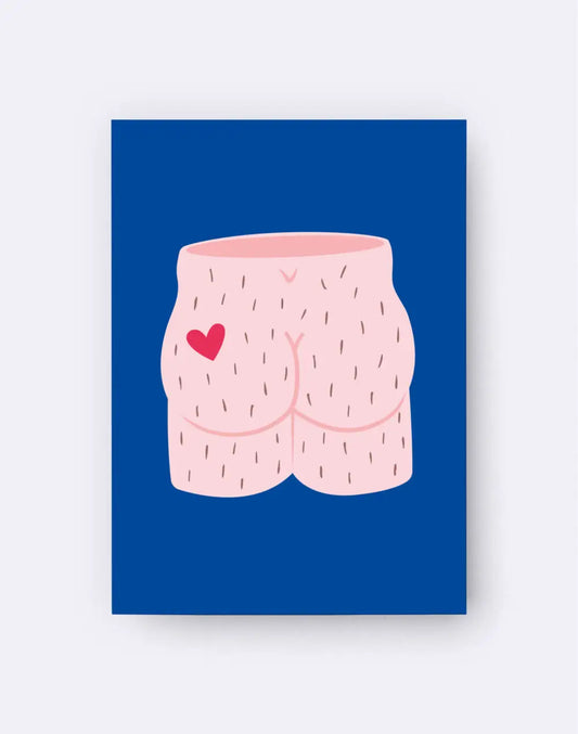 Shorts rose illustrés avec cœur rouge, lignes cheveux noirs, touche artistique postale arty