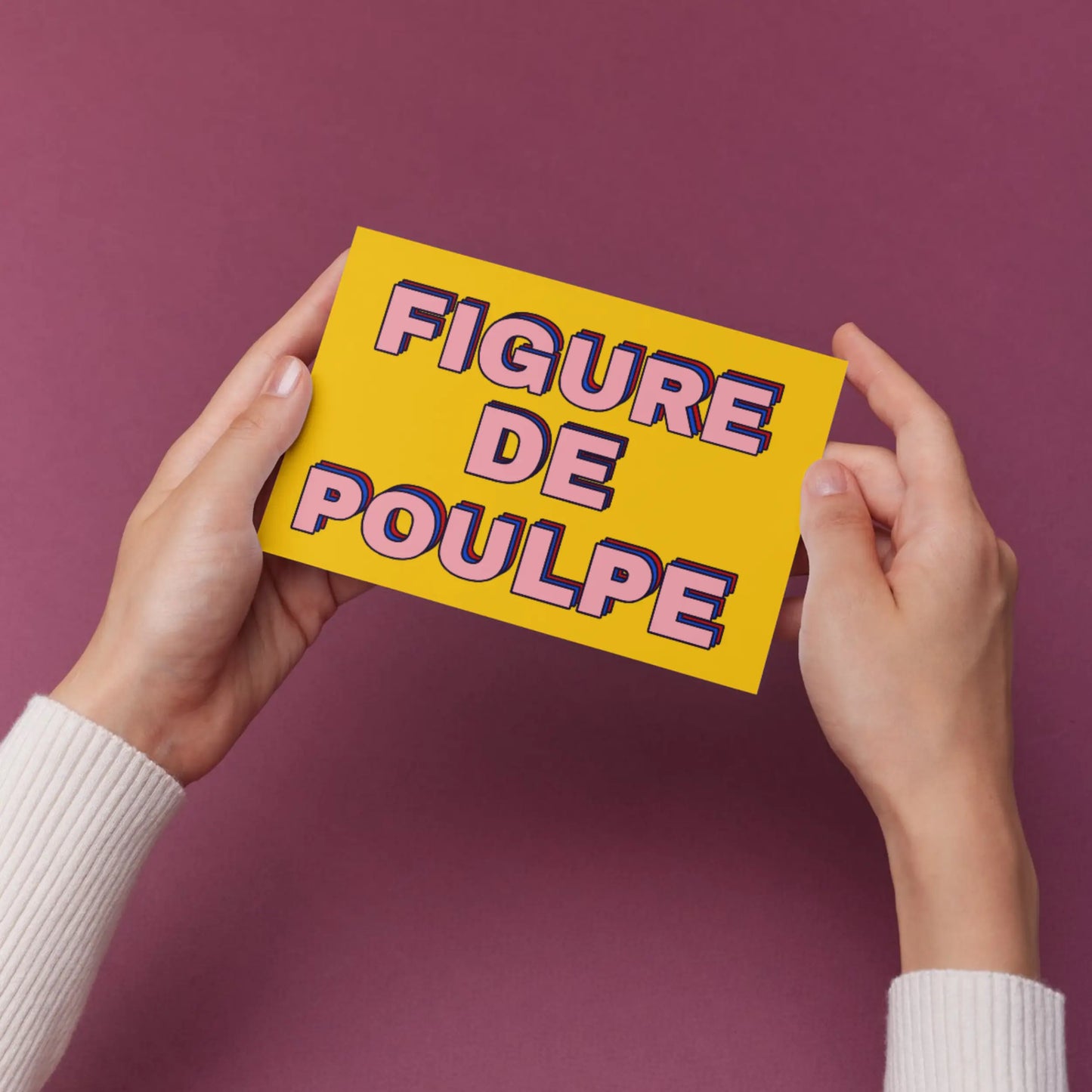 Carte postale jaune vif avec texte rose poulope en bonne humeur