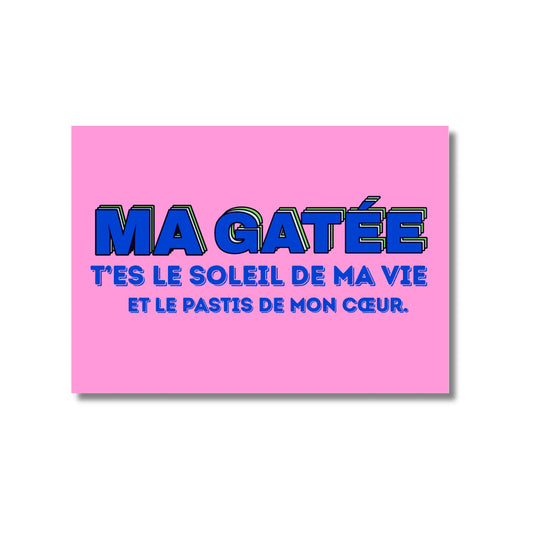 Affiche rose rectangulaire ’Ma Gatée’ en bleu, bonne humeur avec soleil et pastis