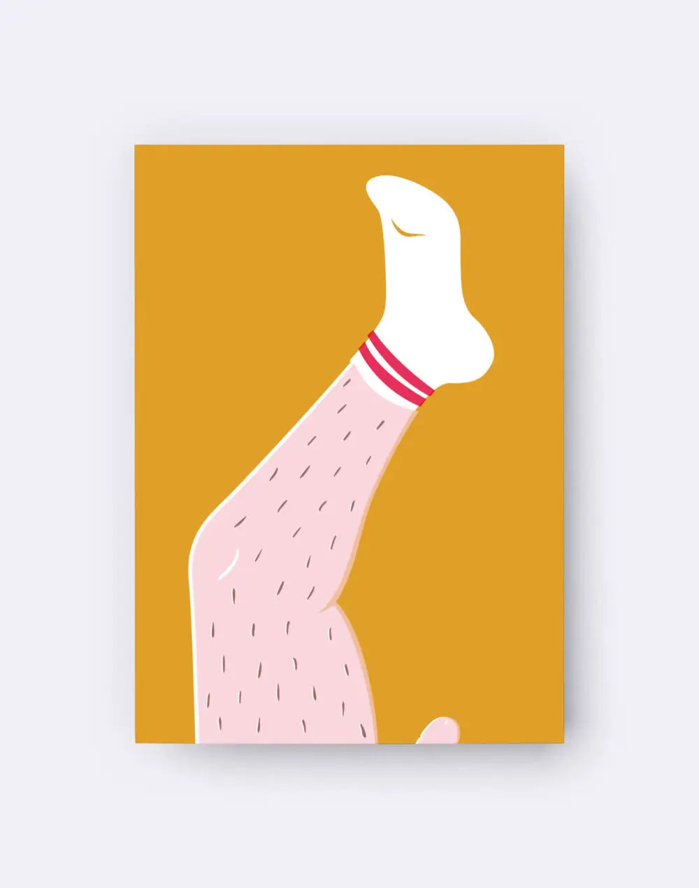 Illustration ludique d’une jambe poilue avec chaussette blanche à deux rayures roses, Carte Postale Jambes Mortelles