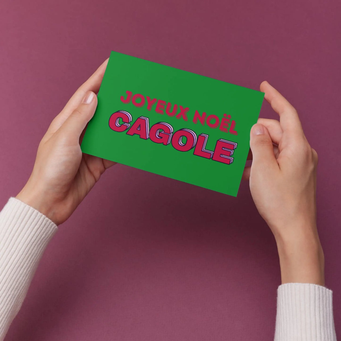 Carte postale style Joyeux Noël Cagole en vert et rose vif