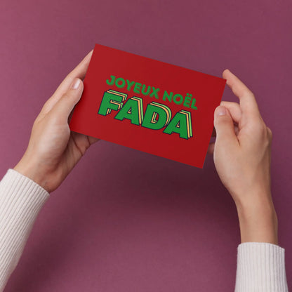 Carte postale rouge Joyeux Noël FADA avec texte vert bold