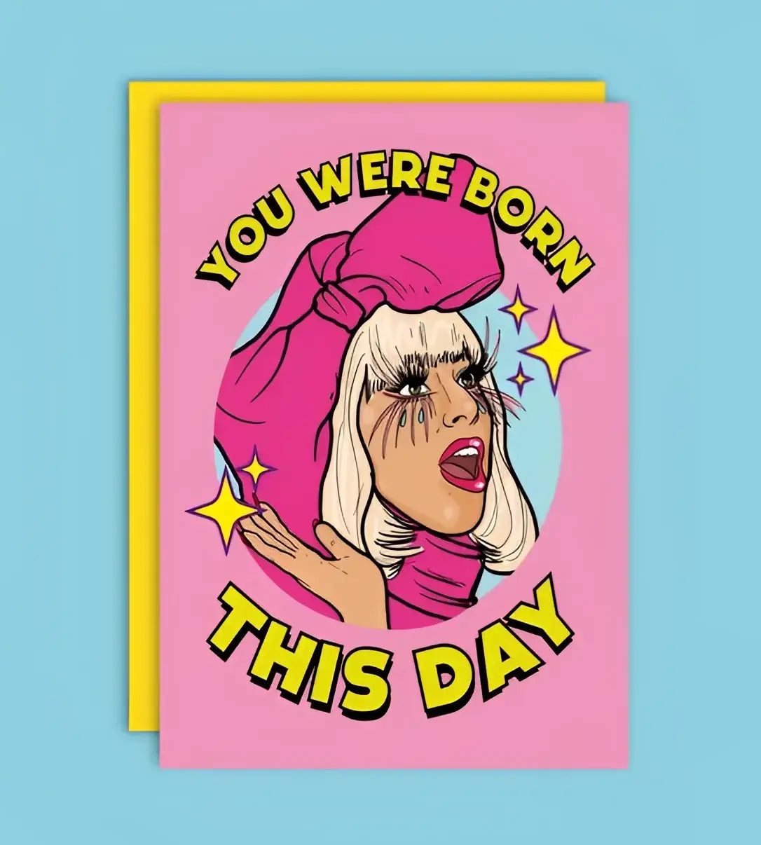 Carte postale Lady Gaga: drag queen rose, design élégant, message sincère YOU WERE BORN THIS DAY