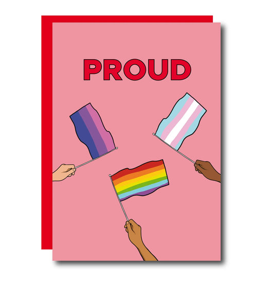Carte postale proud : carte rose avec drapeaux pride vibrants, idée cadeau