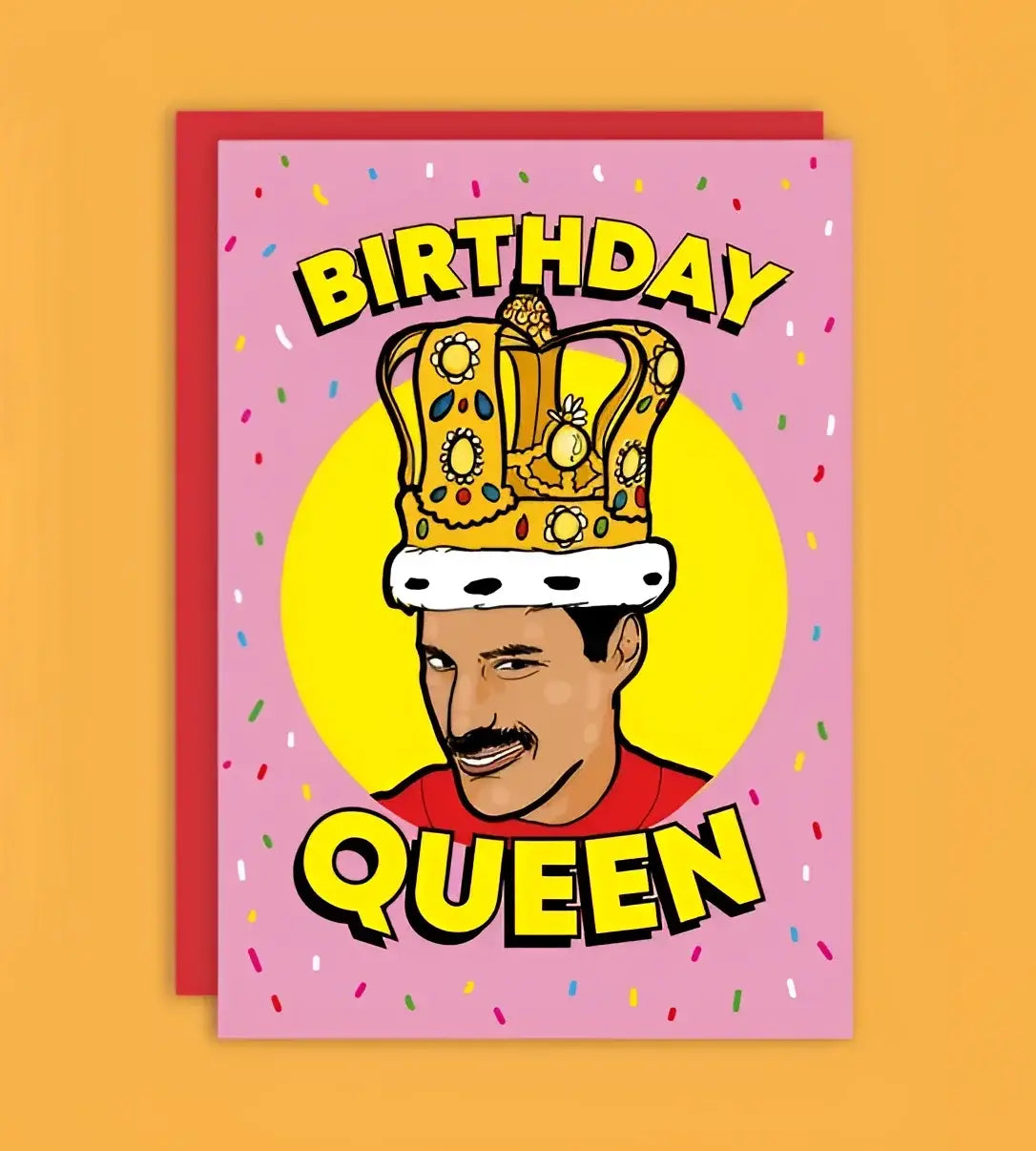 Carte postale Queen : Freddie Mercury couronné en rose, vœux iconiques
