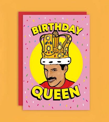 Carte postale Queen : Freddie Mercury couronné en rose, vœux iconiques