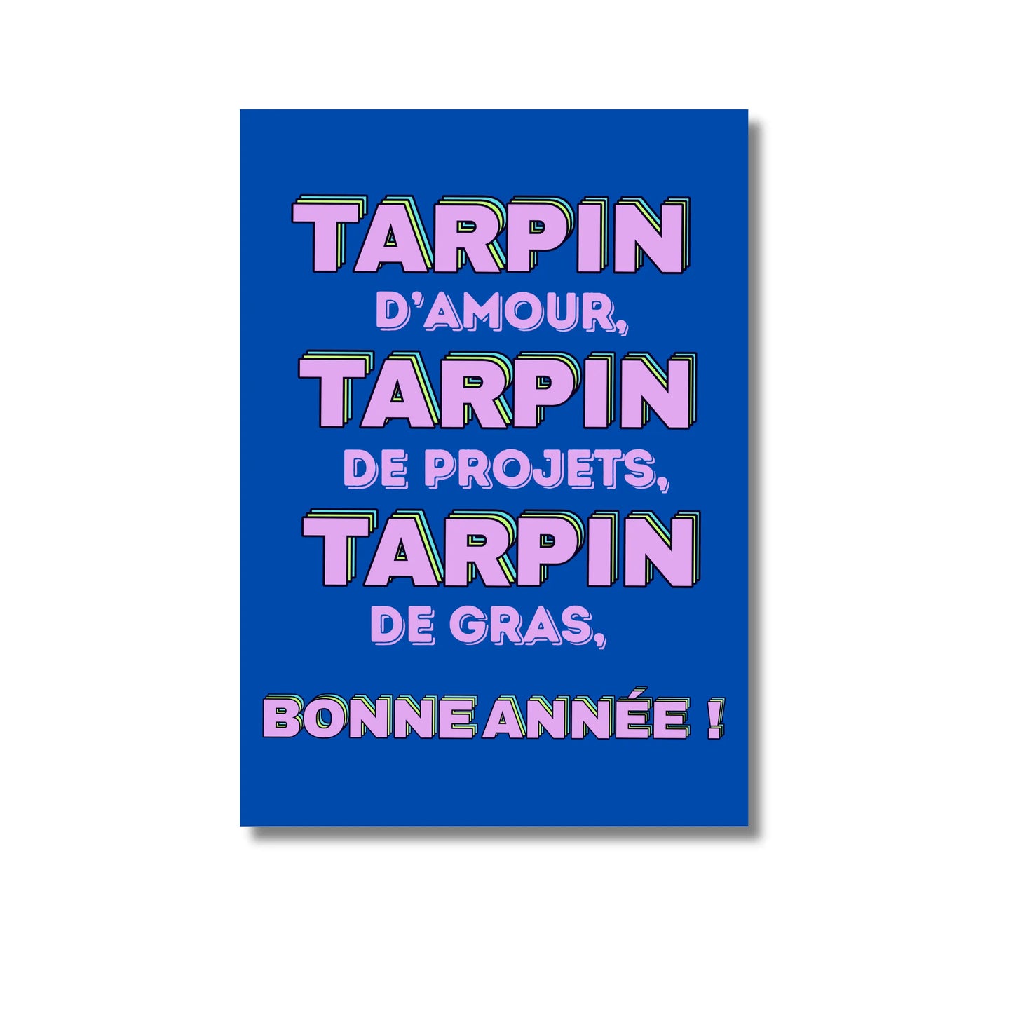 Carte postale tarpin d’amour bleu vif avec texte rose ludique