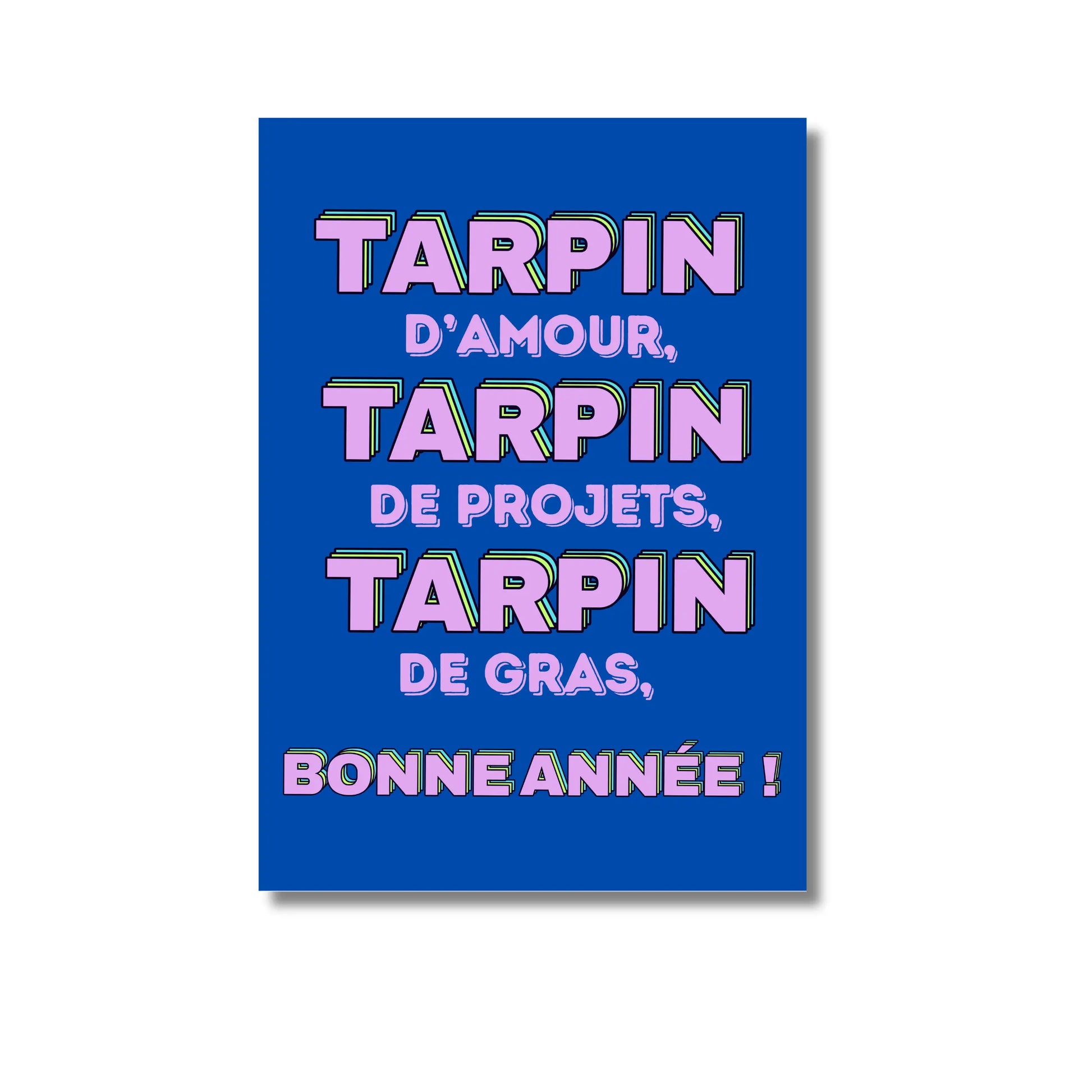 Carte postale tarpin d’amour bleu vif avec texte rose ludique