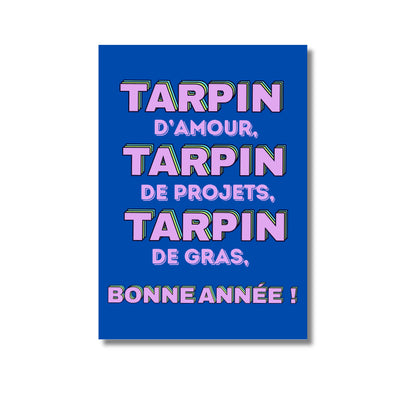 Carte postale tarpin d’amour bleu vif avec texte rose ludique