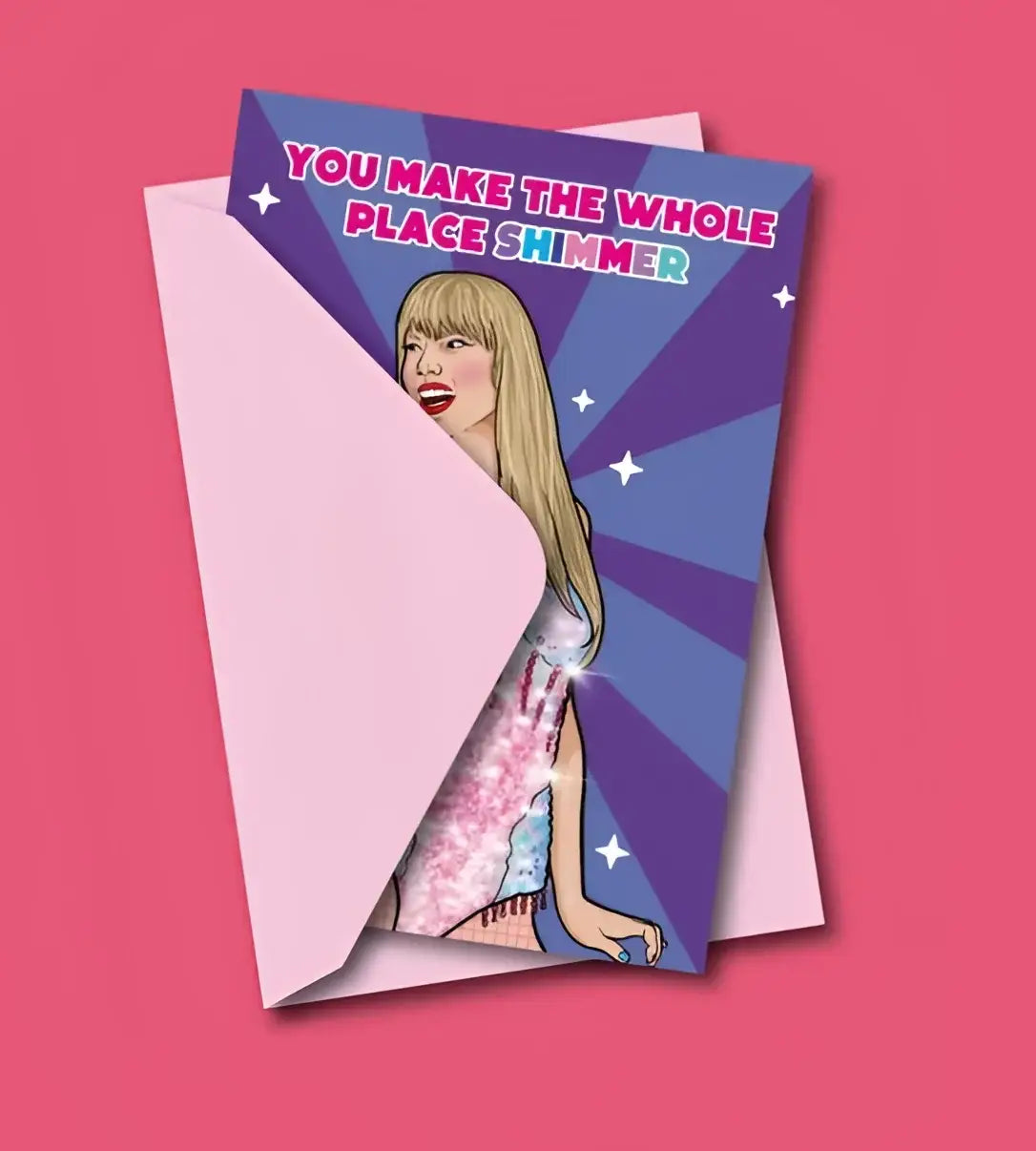Carte postale Taylor Swift avec Taylor en robe scintillante et phrase shimmer