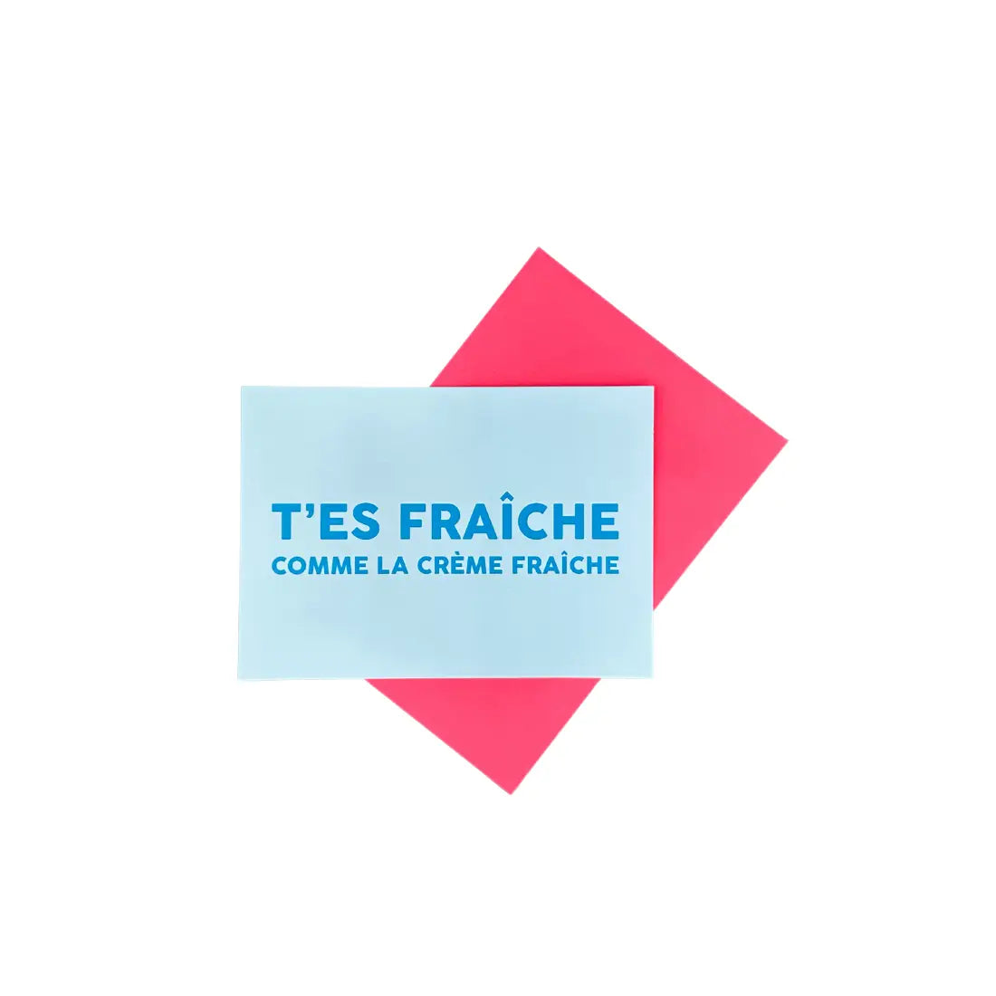 Carte bleu clair avec enveloppe rose, lettrage doré élégant et fabrication locale