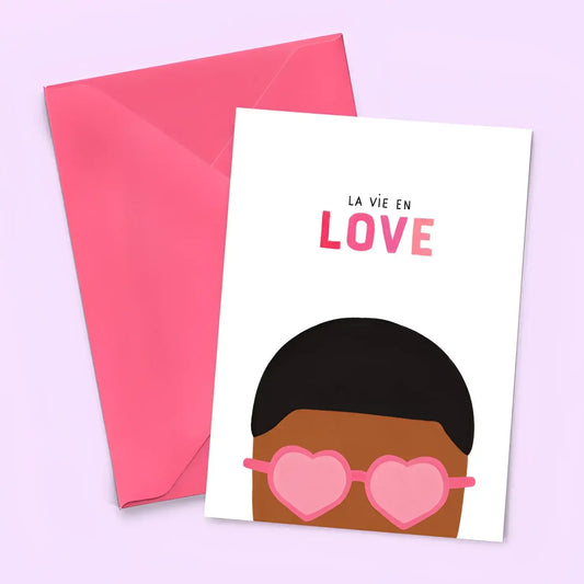 Carte La Vie En Love : illustration cartoon émotion sincère en rose