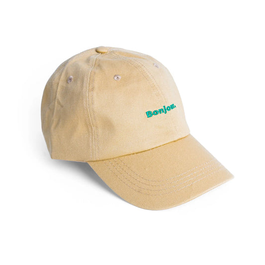 Casquette camel bonjour avec visière rigide et message positif en vert