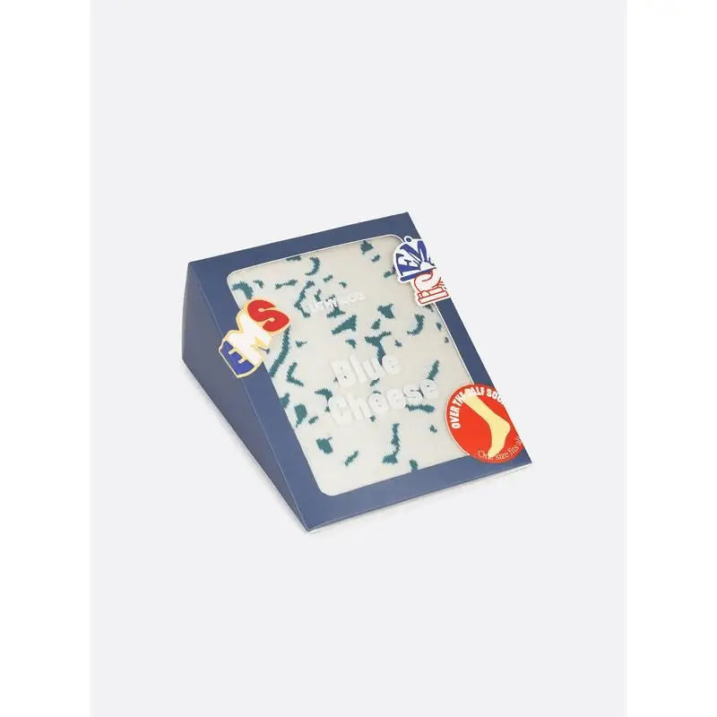 Chaussettes fantaisie fromage bleu en boîte, avec touche d’humour