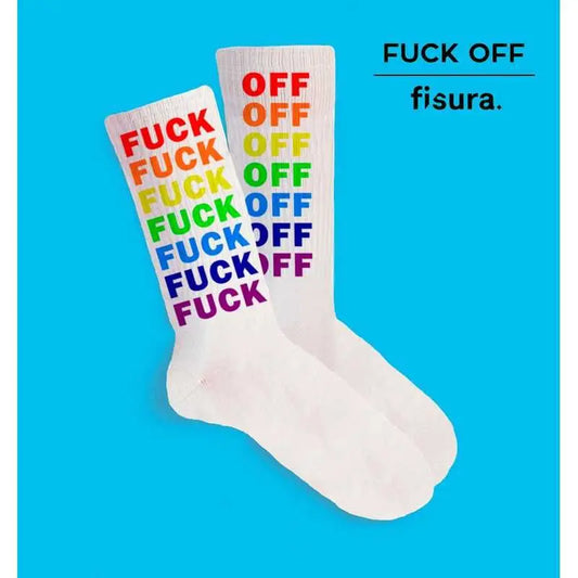 Chaussettes audacieuses blanches avec texte FUCK OFF arc-en-ciel