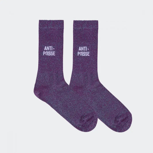 Chaussettes violettes pailletées anti poisse avec écriture anti poisse violet