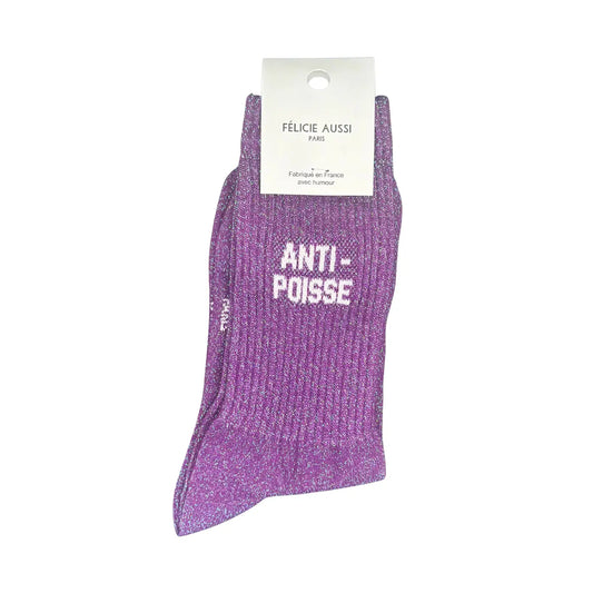 Chaussettes violettes pailletées anti-poisse avec texte glitter